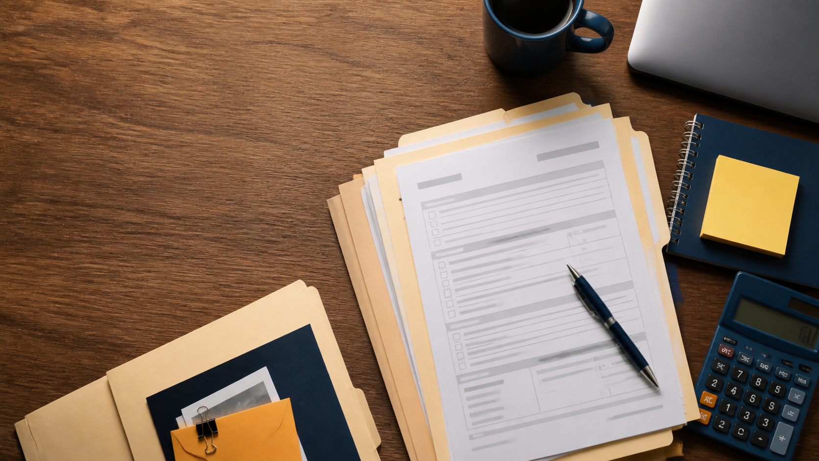 Organized VA claim folders, forms, notes, and a calculator on a desk